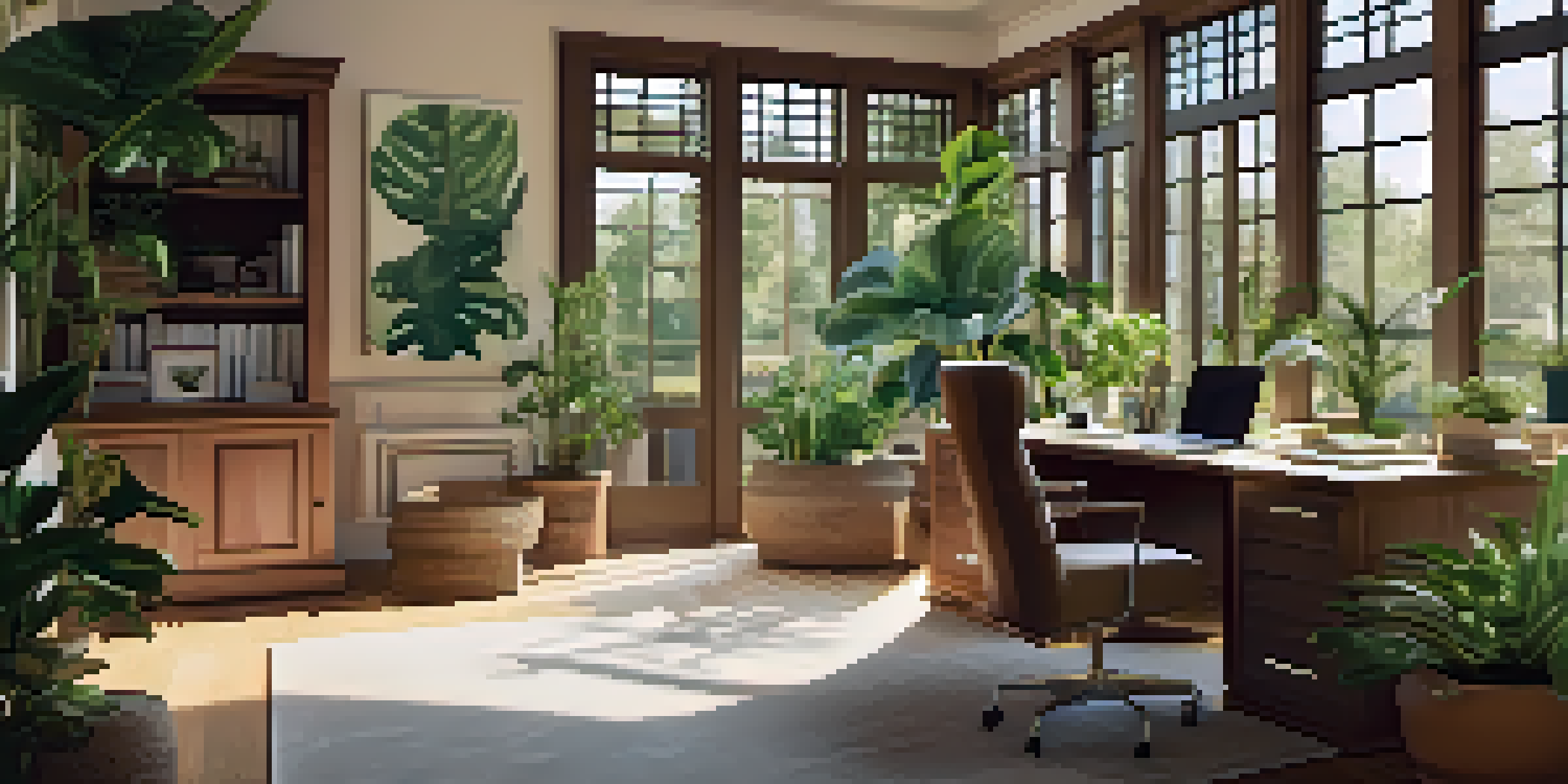 A bright home office with large windows, natural wood furniture, and plenty of indoor plants, creating a peaceful and inviting workspace.