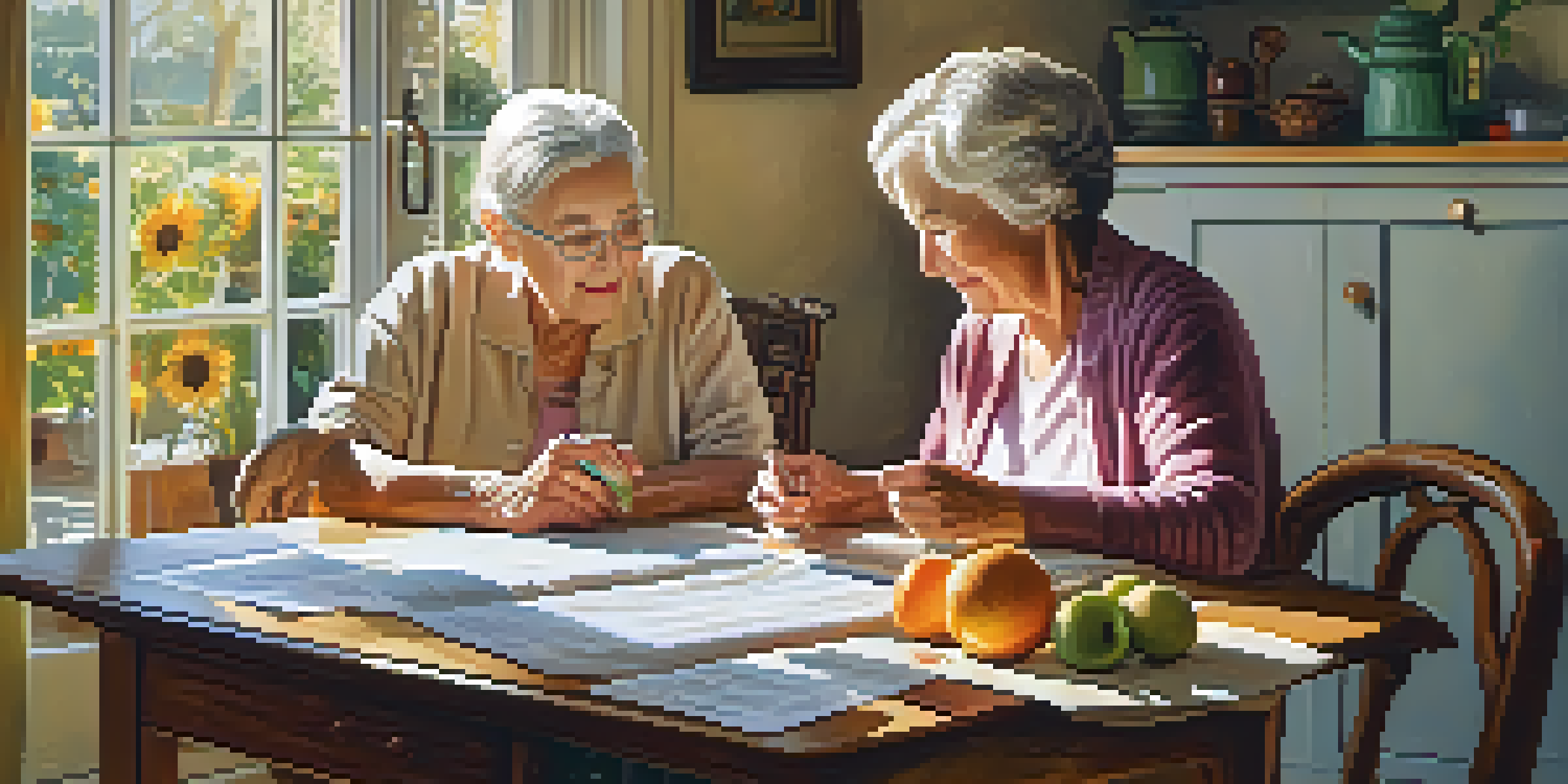 An elderly couple reading a medication guide at a kitchen table with a sunny garden view outside.