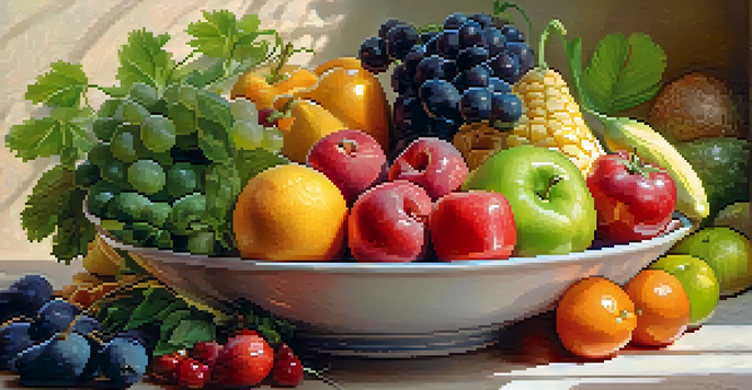 A colorful assortment of fresh fruits and vegetables on a plate, illuminated by natural sunlight, with a blurred background.
