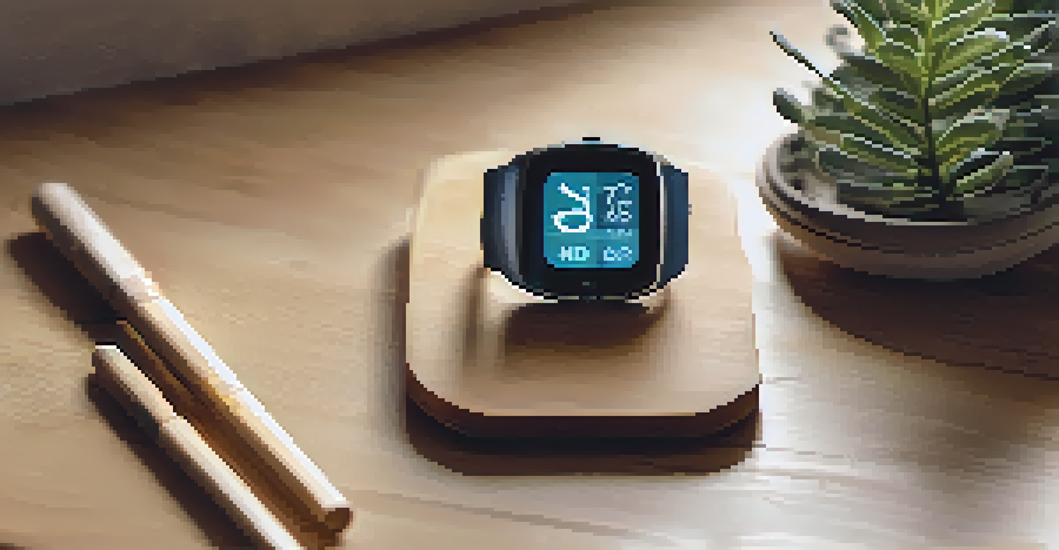 A smartwatch showing mental health tracking data on a wooden table with calming decor.