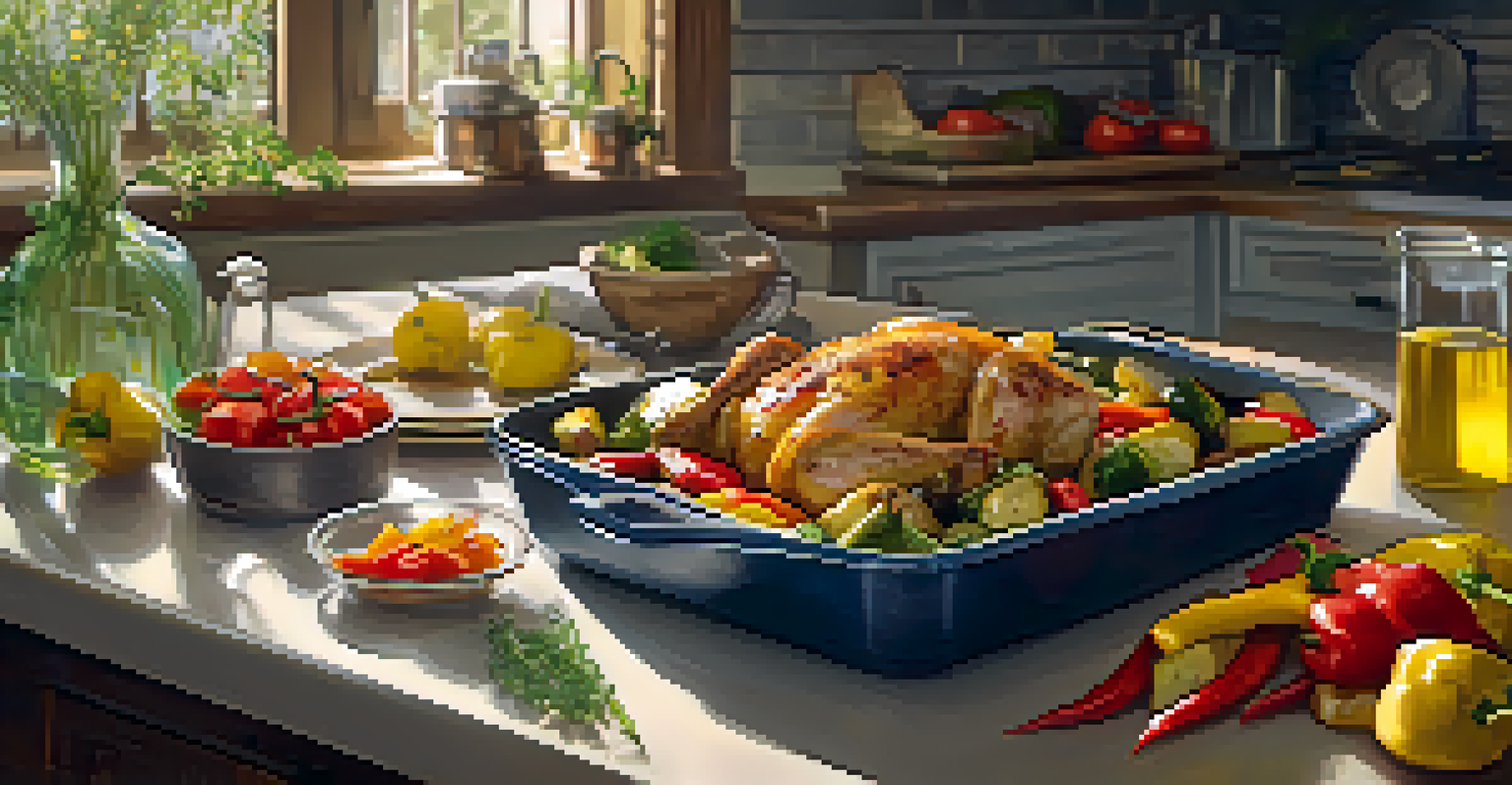 A roasted one-pan dinner with chicken, vegetables, and potatoes on a baking sheet in a cozy kitchen.