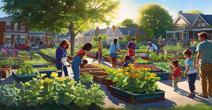 A group of diverse people planting vegetables in a colorful community garden, with sunlight filtering through the leaves.