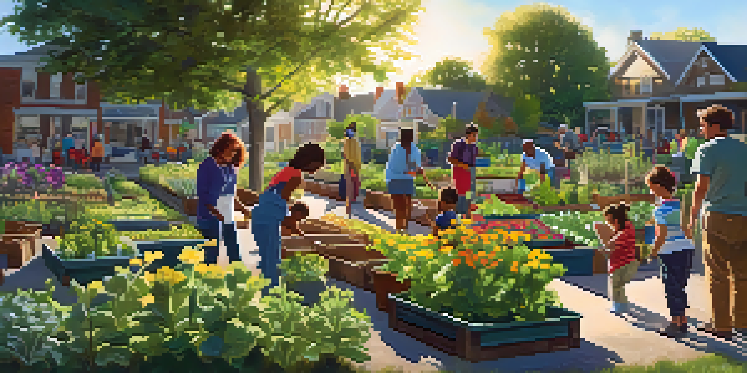 A group of diverse people planting vegetables in a colorful community garden, with sunlight filtering through the leaves.