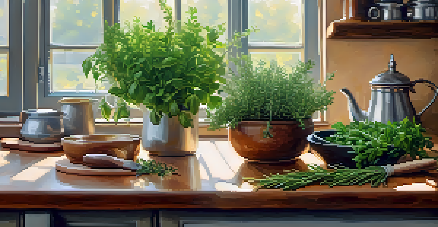 A kitchen countertop with fresh herbs, a cutting board, and a cup of herbal tea in warm morning light.