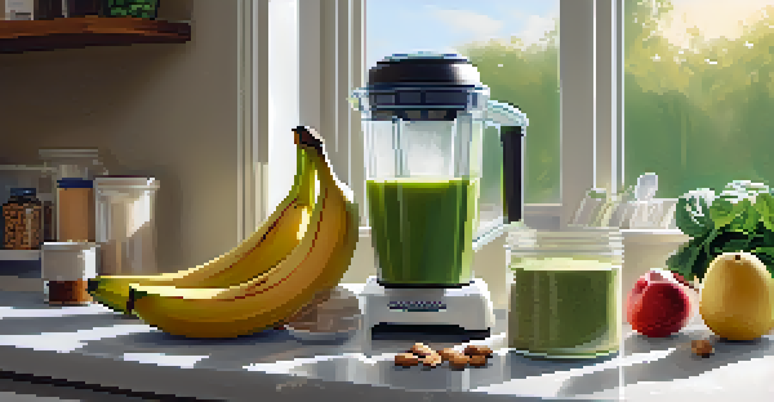 A person making a smoothie in a kitchen, with bananas, spinach, and nut butter on the counter, illuminated by warm sunlight.