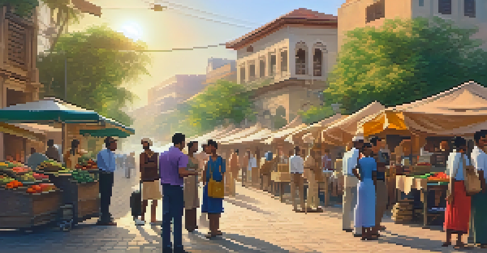 A group of travelers is talking to a local person at a street corner, with colorful market stalls and greenery in the background.