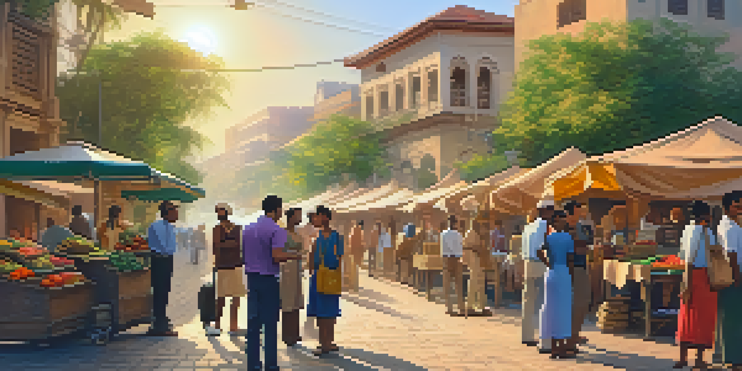 A group of travelers is talking to a local person at a street corner, with colorful market stalls and greenery in the background.