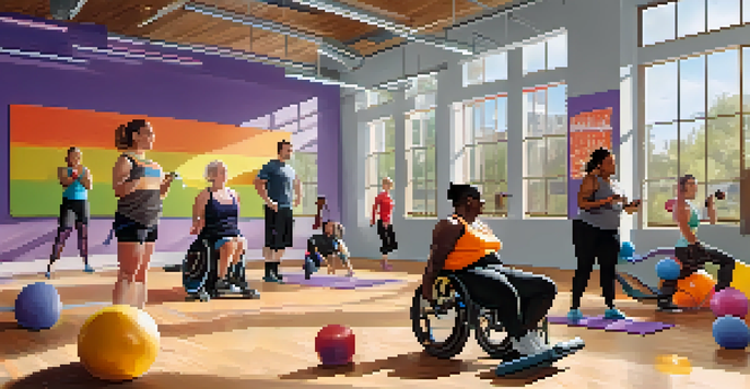 A vibrant fitness studio where individuals with disabilities are exercising together, showcasing inclusivity and diversity.