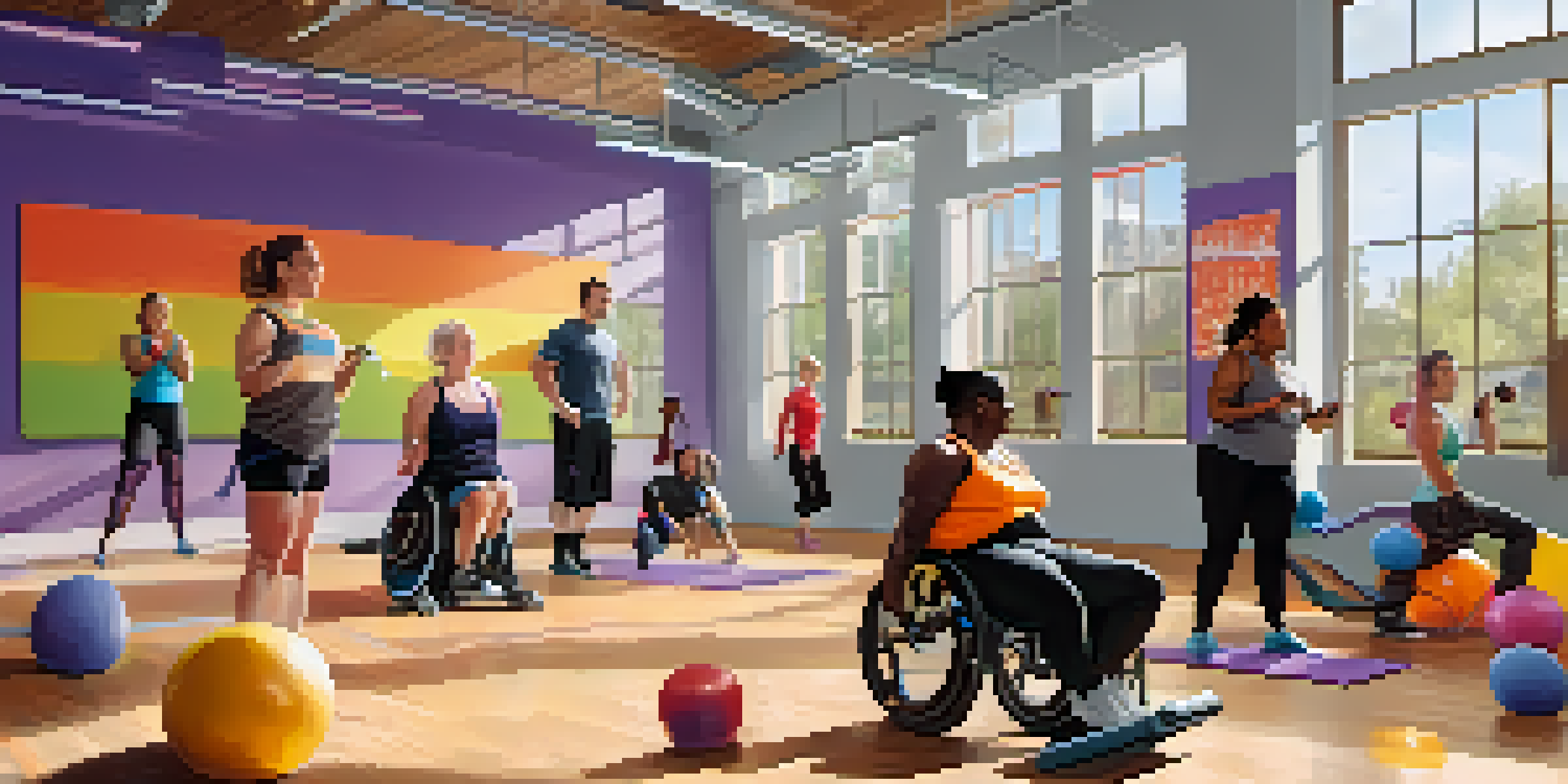 A vibrant fitness studio where individuals with disabilities are exercising together, showcasing inclusivity and diversity.