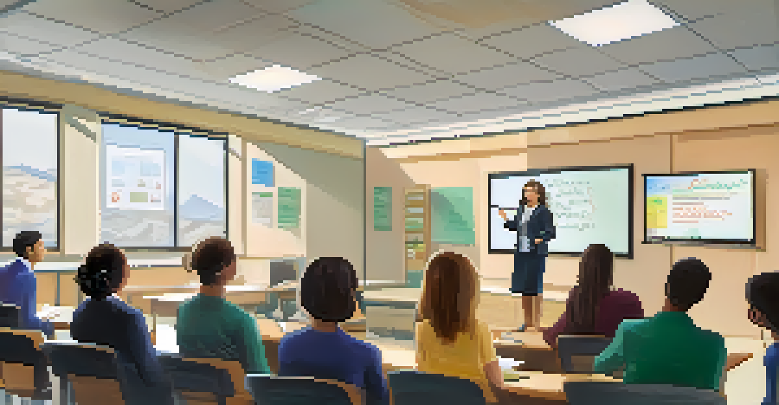 A teacher leading a staff training session on mental health in a bright conference room, with staff members engaged and taking notes.