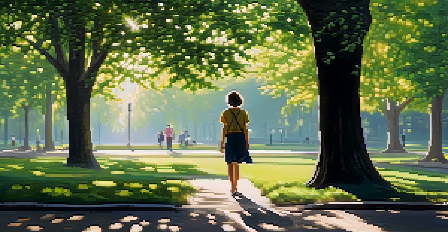 A person walking mindfully in a park, engaged with nature, with sunlight filtering through the trees, symbolizing mindfulness and appreciation.