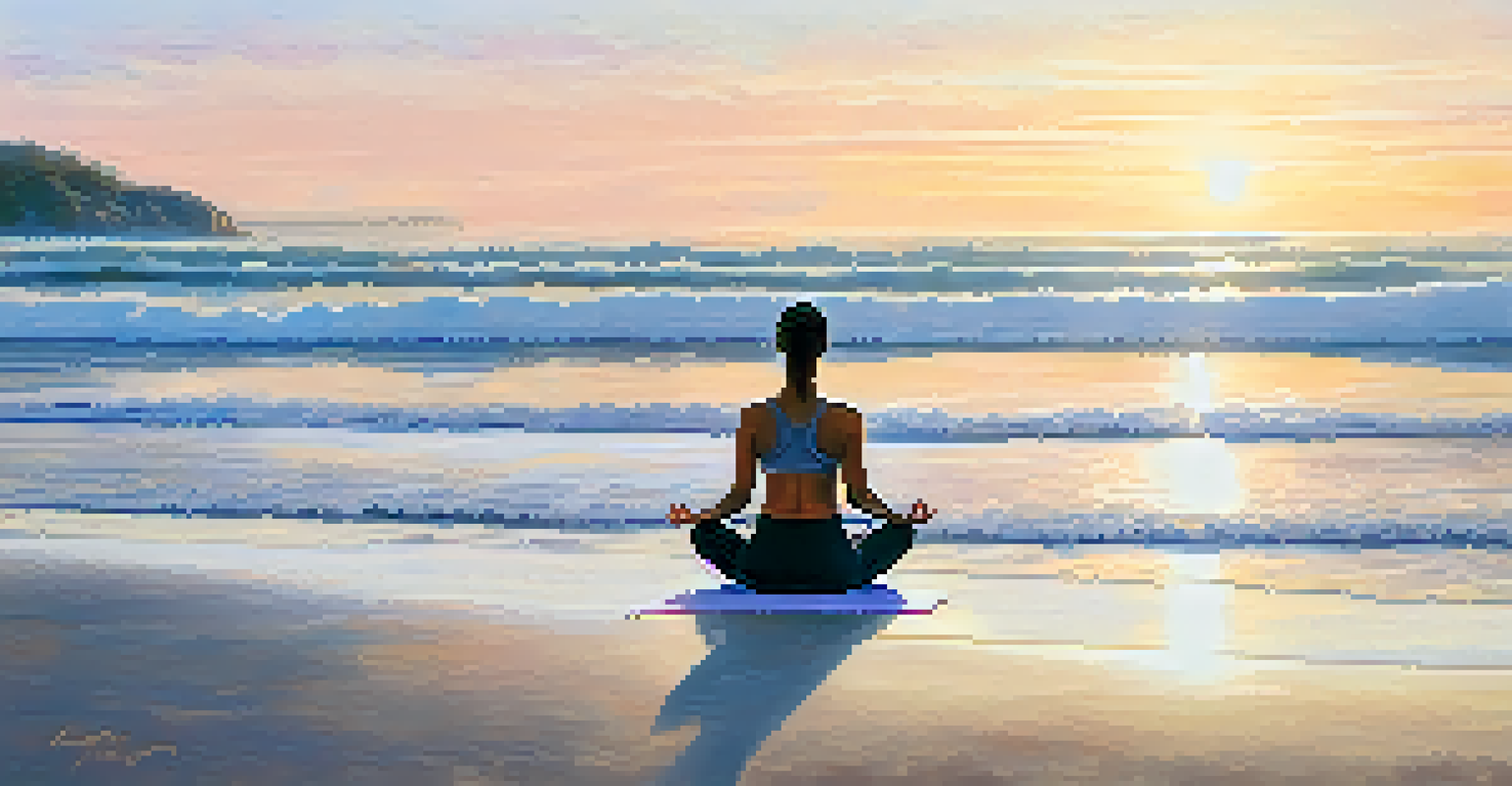 A person practicing yoga on a beach at sunrise, surrounded by calm waves and pastel colors in the sky.
