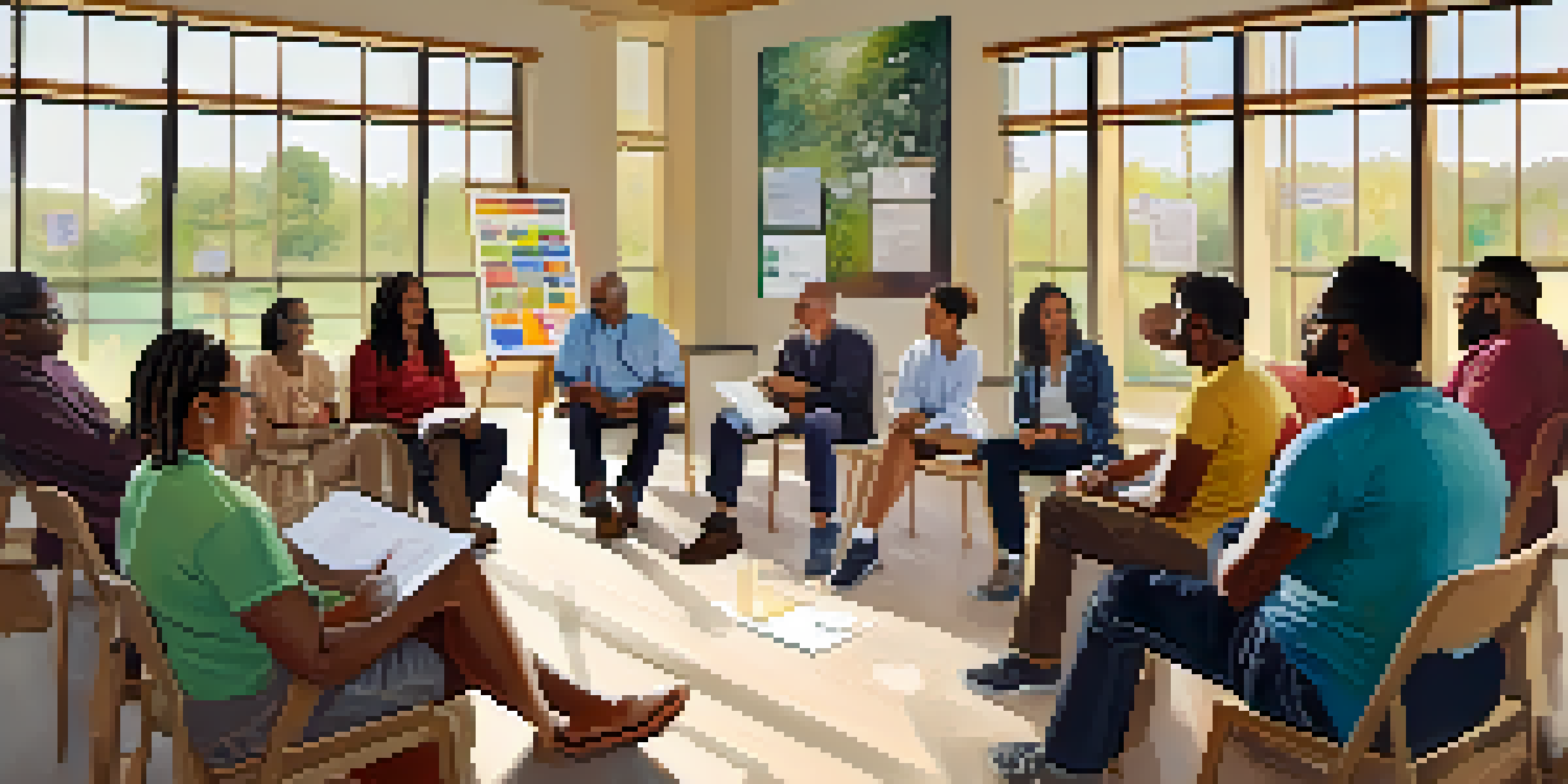 A diverse group of individuals participating in a community health workshop, actively discussing and taking notes in a well-lit room.
