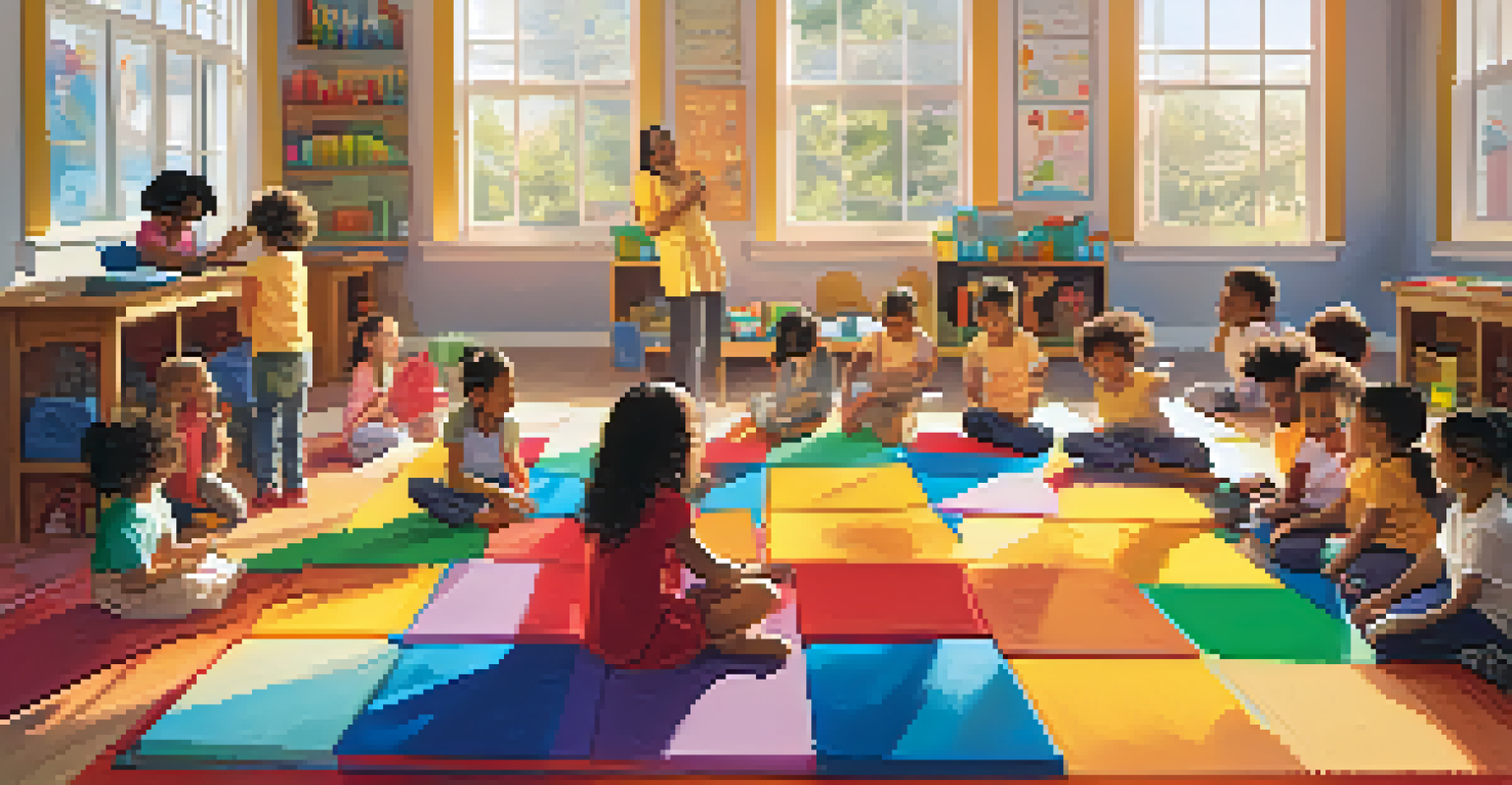 A classroom with children building a fort with blocks while a teacher guides them in mindfulness activities.