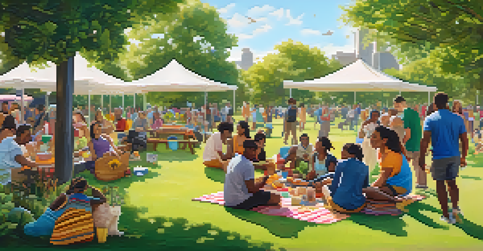 A lively community gathering in a park with diverse individuals participating in social activities, surrounded by greenery.