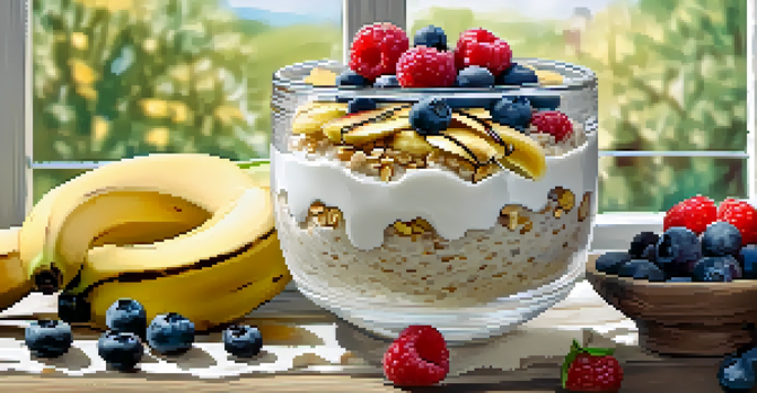 A bowl of overnight oats with berries and bananas on a wooden table, illuminated by natural light.