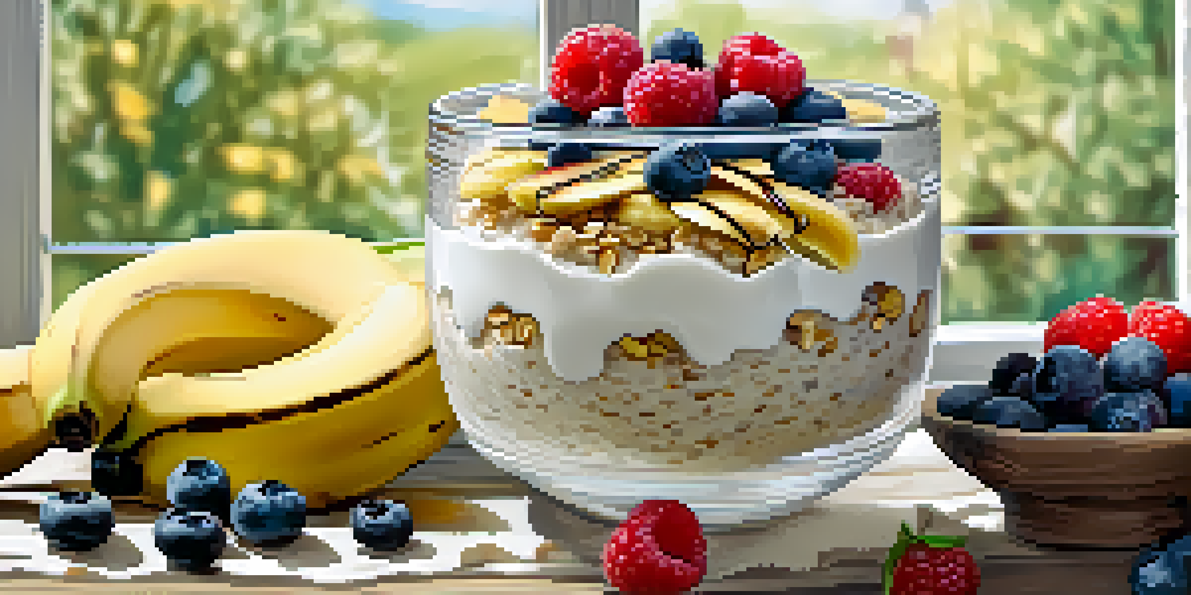 A bowl of overnight oats with berries and bananas on a wooden table, illuminated by natural light.