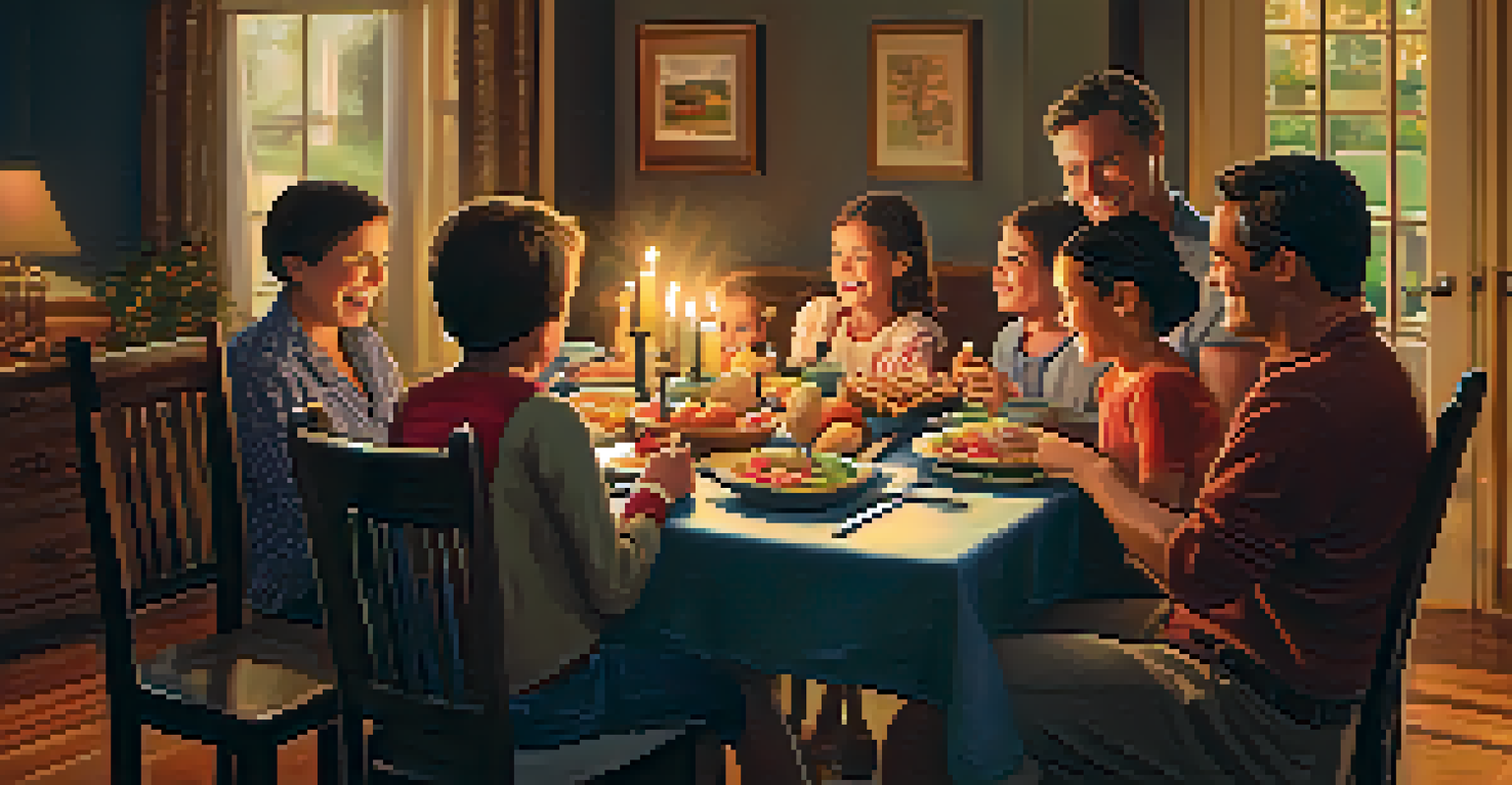 A family enjoying dinner together, laughing and sharing playful moments around a beautifully set table.