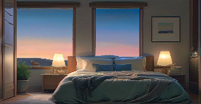A cozy bedroom with a bed, bedside table, lamp, and blue light-blocking glasses, showcasing a twilight sky outside.