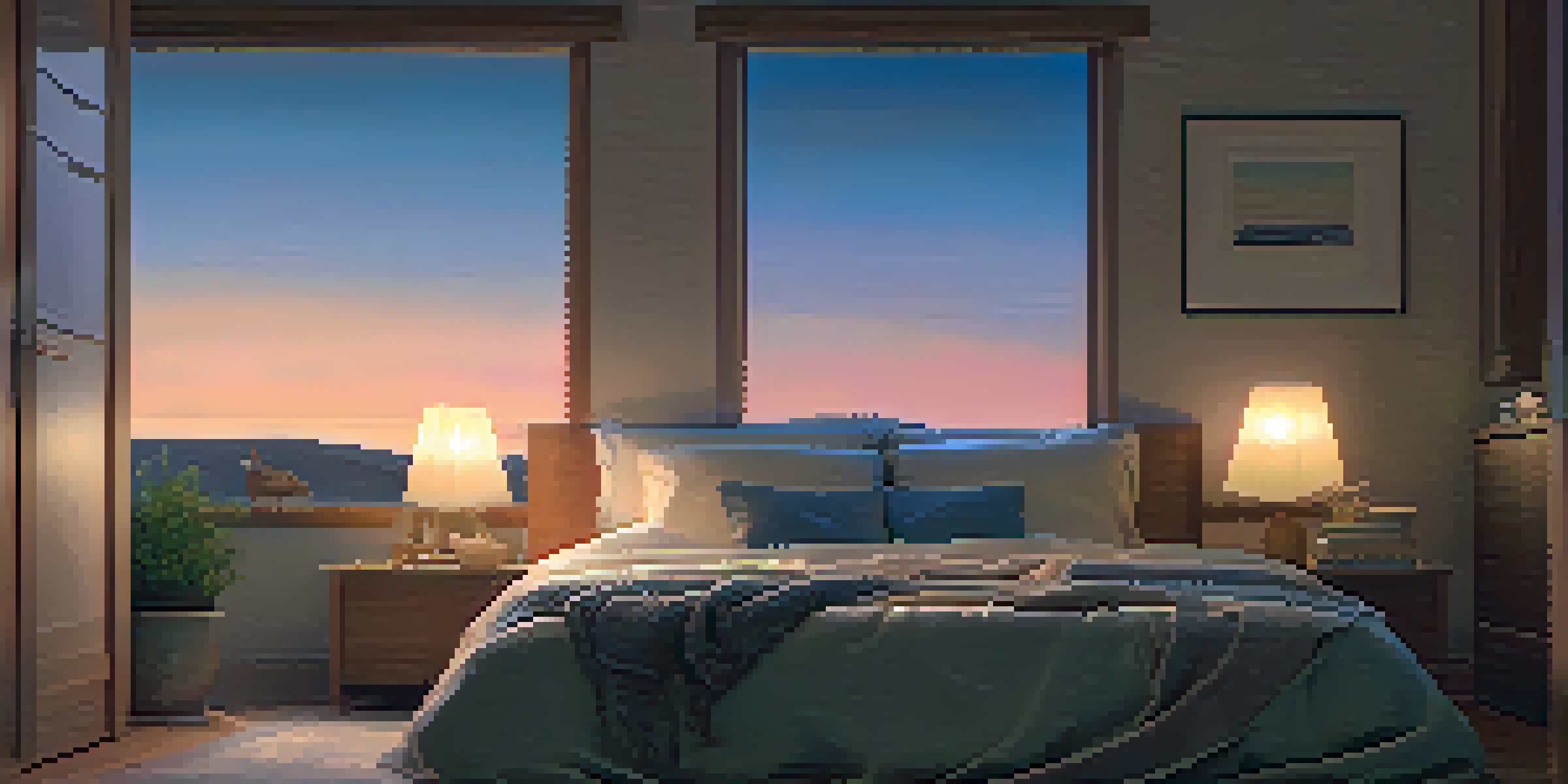 A cozy bedroom with a bed, bedside table, lamp, and blue light-blocking glasses, showcasing a twilight sky outside.
