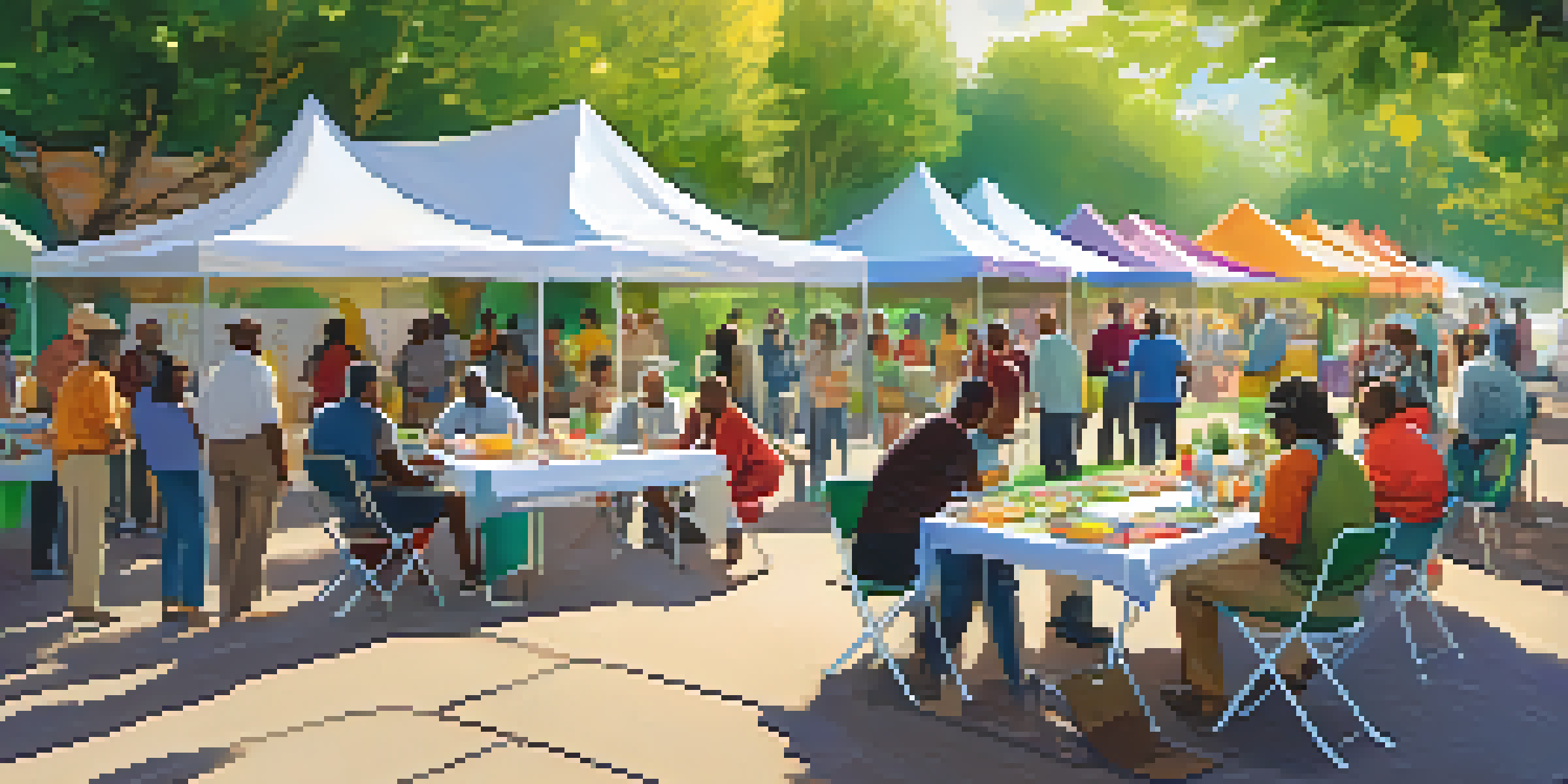 A community health workshop with diverse people discussing health topics outdoors, with colorful banners and tables of healthy food samples under sunlight.