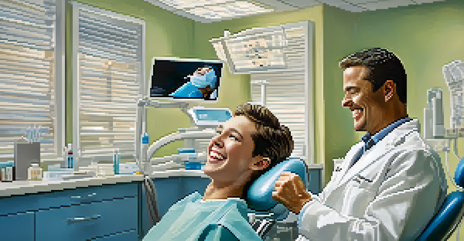 An athlete in a dentist's chair, smiling confidently while a dentist examines their teeth in a bright dental clinic.
