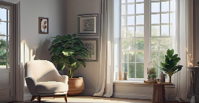 A peaceful meditation corner with a comfortable chair, soft lighting, plants, and candles, creating a tranquil atmosphere.