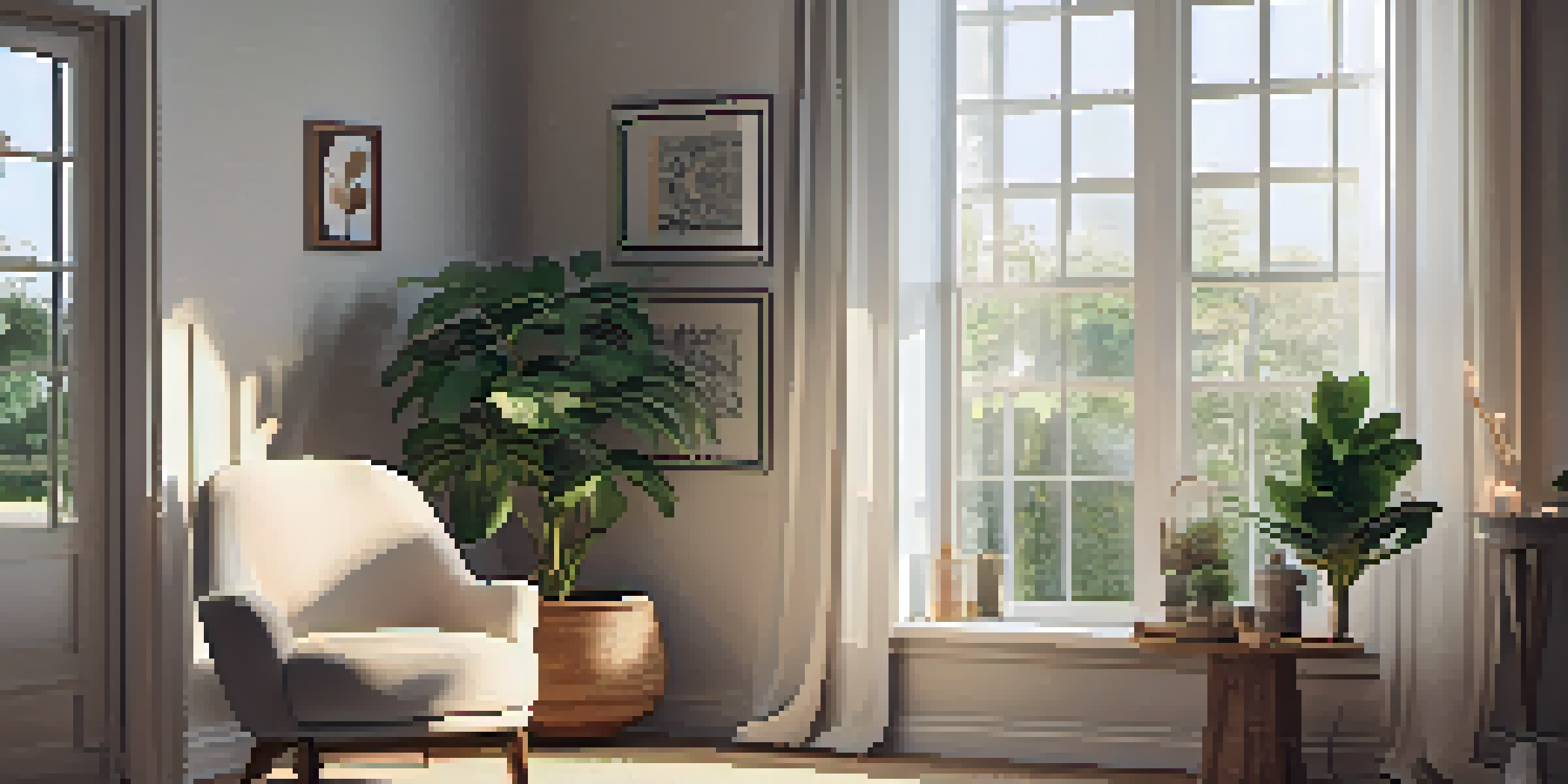 A peaceful meditation corner with a comfortable chair, soft lighting, plants, and candles, creating a tranquil atmosphere.