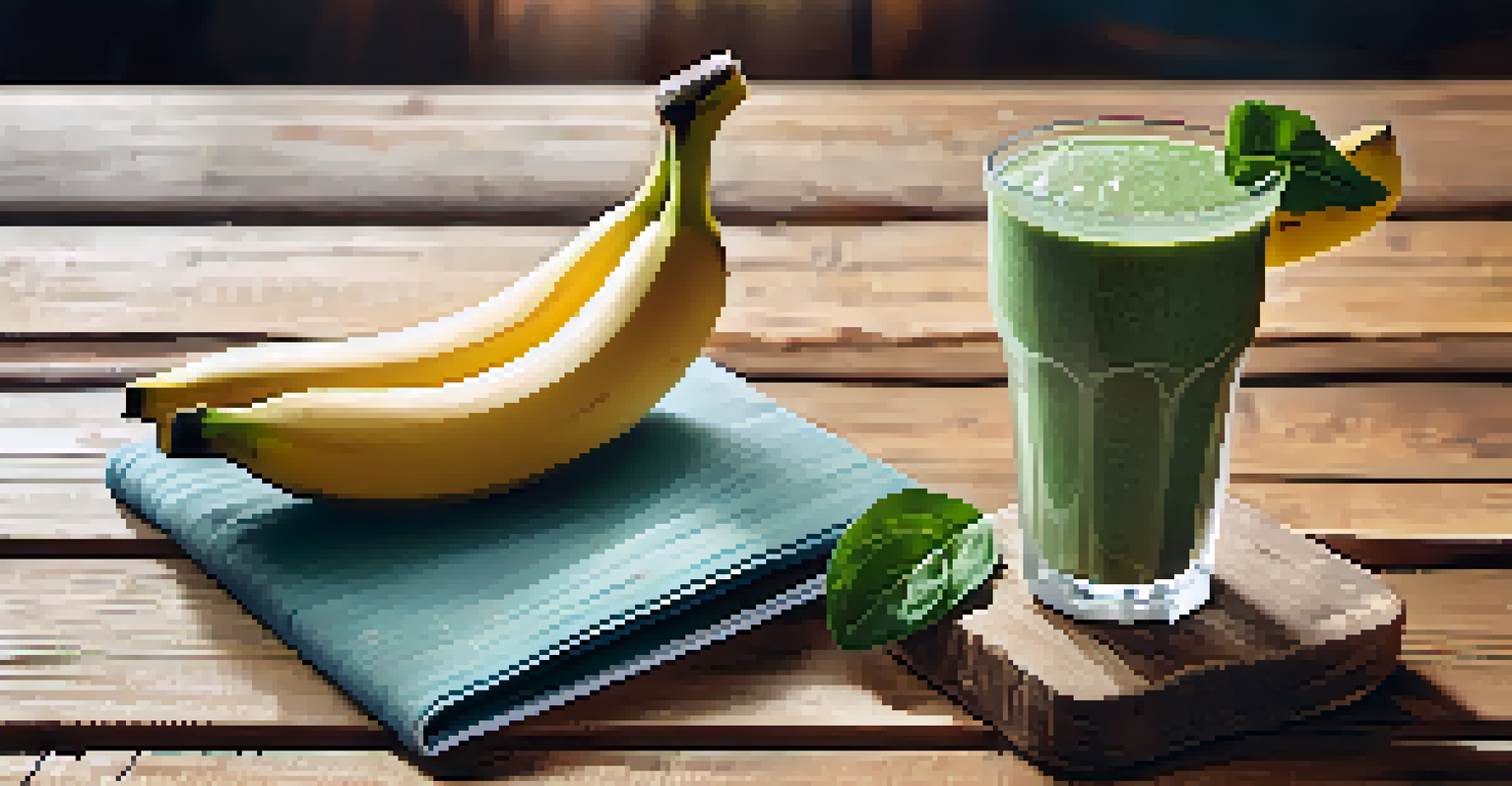 A post-workout recovery meal featuring a protein smoothie and fresh ingredients, highlighting healthy nutrition.