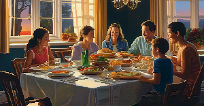 A family gathering at dinner, with everyone happily talking and enjoying the meal, surrounded by warm lighting and a sunset view.