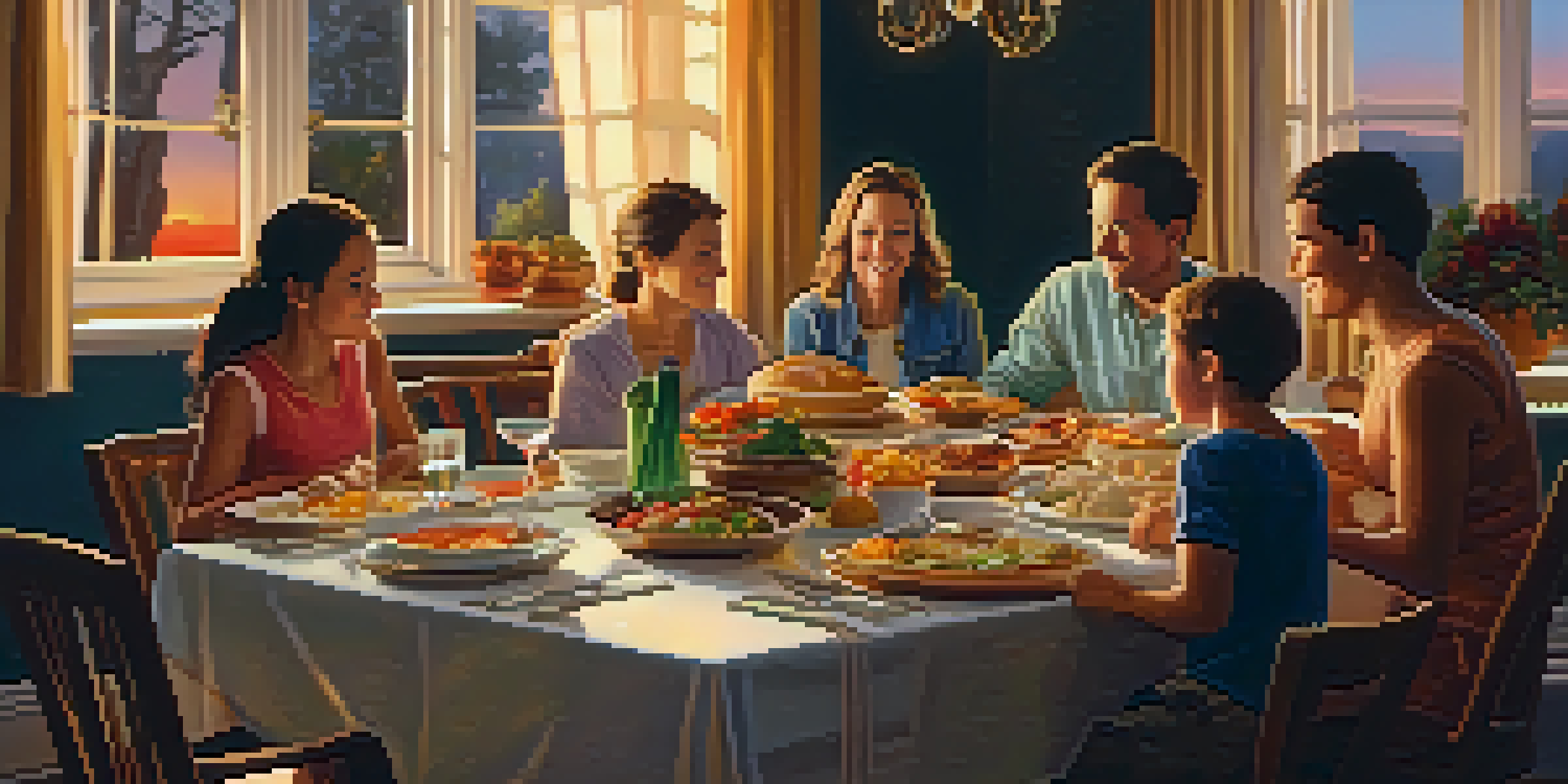 A family gathering at dinner, with everyone happily talking and enjoying the meal, surrounded by warm lighting and a sunset view.