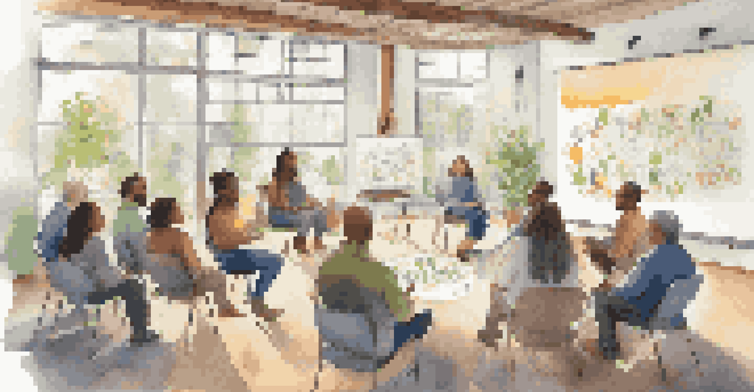 Community members participating in a workshop about environmental health, seated in a circle with a whiteboard in the background.