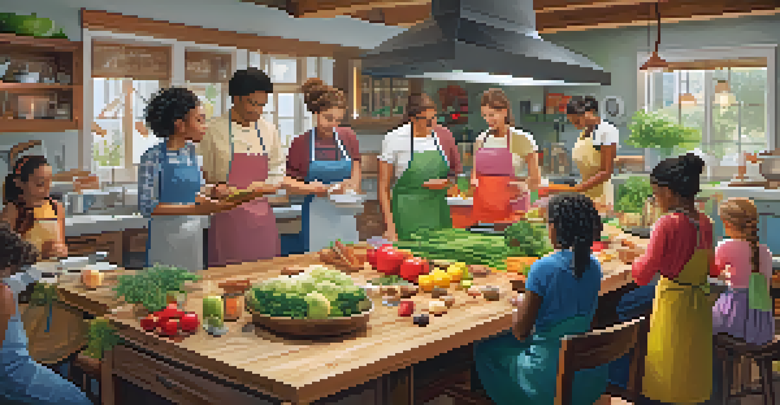 A cooking workshop with participants preparing food together in a bright kitchen, surrounded by fresh ingredients.