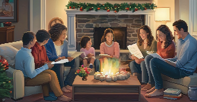 A family sitting in a circle in a cozy living room, sharing gratitude notes, with warm lighting and a festive atmosphere.