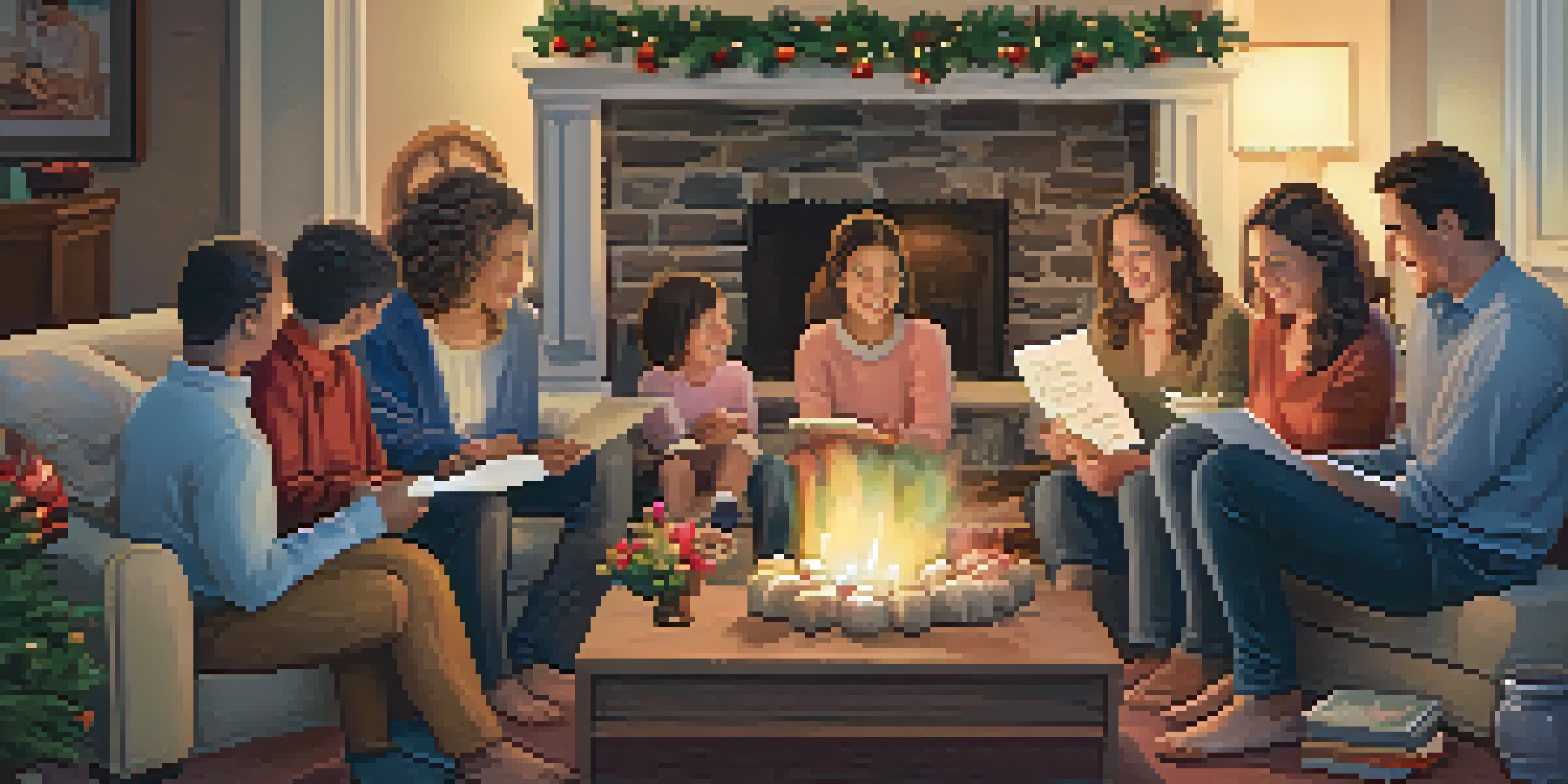 A family sitting in a circle in a cozy living room, sharing gratitude notes, with warm lighting and a festive atmosphere.