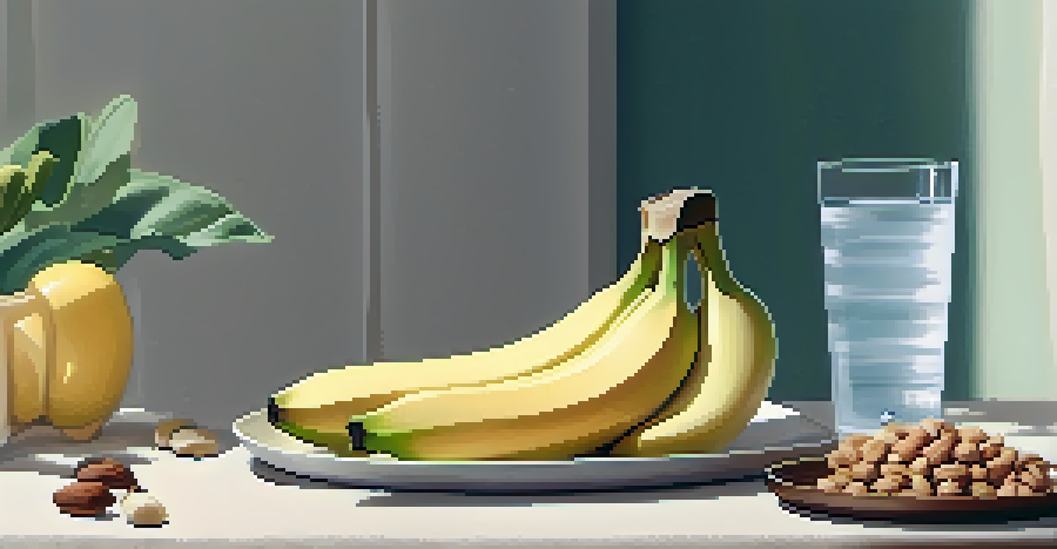 A close-up of a healthy snack plate with bananas and nuts on a bedside table, set in a softly lit bedroom, emphasizing mindful eating for sleep hygiene.