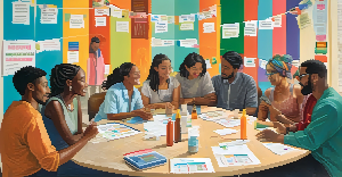 A community discussion about vaccination with diverse participants sharing their thoughts in a welcoming center.