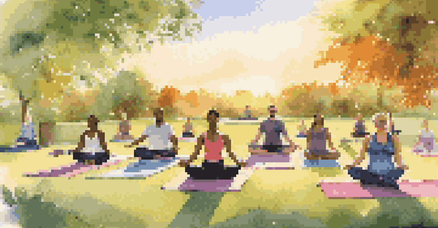 A group of diverse individuals practicing yoga in a park during sunset, surrounded by nature, showcasing a sense of community and wellness.