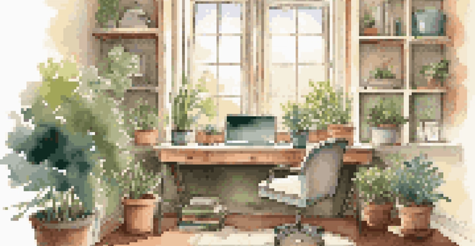 A cozy home office with an ergonomic chair and a laptop on a tidy desk, illuminated by soft lighting and a view of a garden outside.