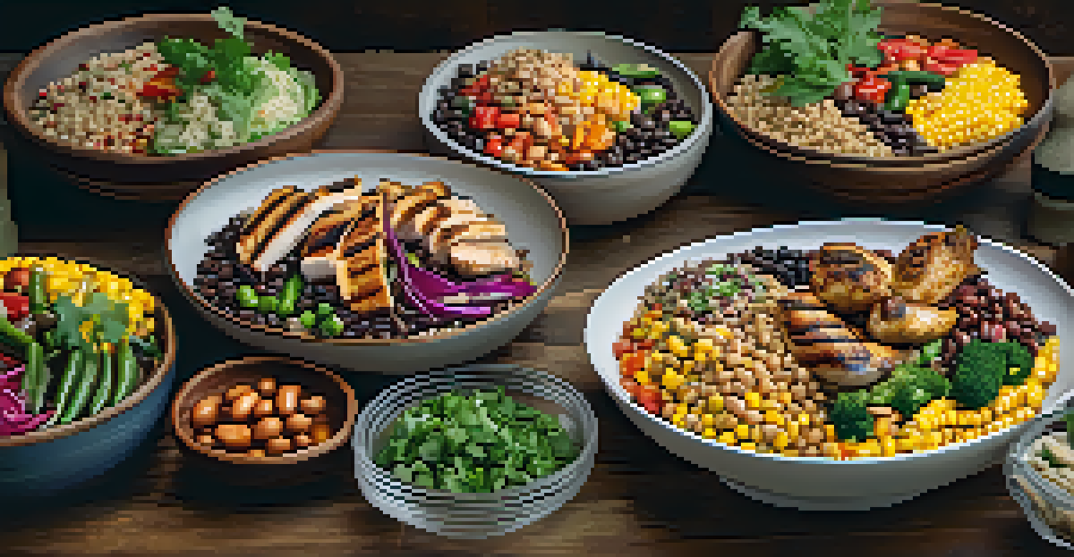 A variety of colorful one-container meals displayed on a dining table.
