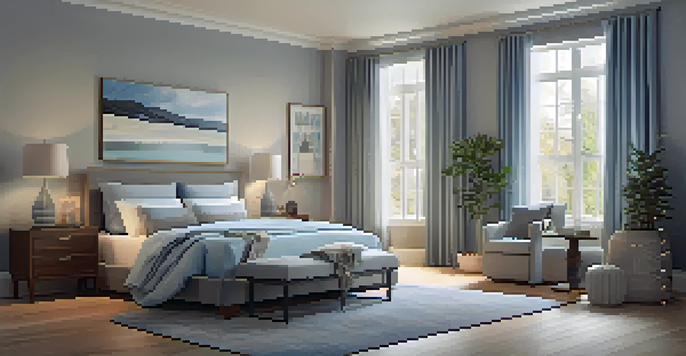A tranquil bedroom setting with a comfortable bed, soft lighting, and blackout curtains, creating an ideal environment for restful sleep.