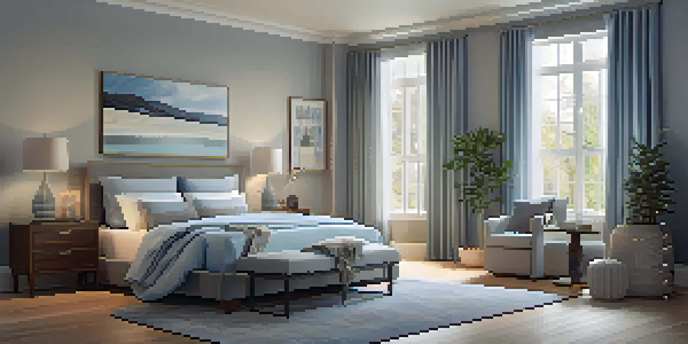 A tranquil bedroom setting with a comfortable bed, soft lighting, and blackout curtains, creating an ideal environment for restful sleep.