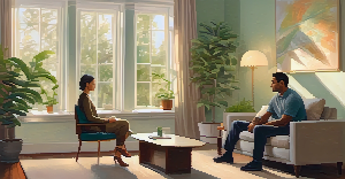 A counselor and a client in a softly lit room, engaged in an active listening session with a warm and welcoming environment.