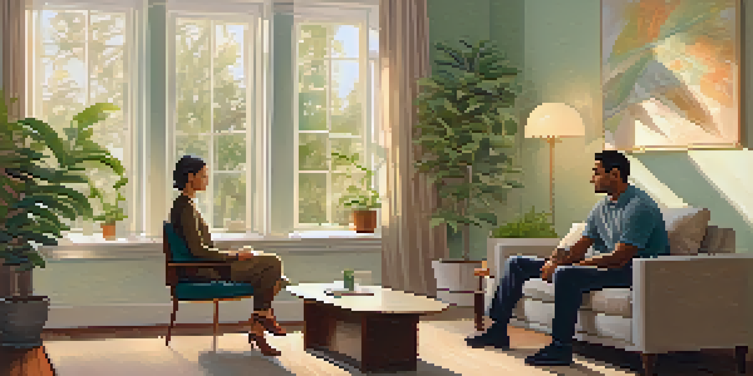 A counselor and a client in a softly lit room, engaged in an active listening session with a warm and welcoming environment.