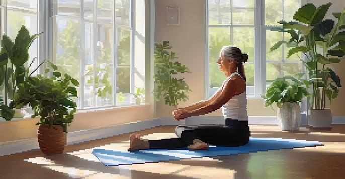 A patient stretching on a yoga mat in a bright room, guided by a supportive physical therapist, surrounded by plants.