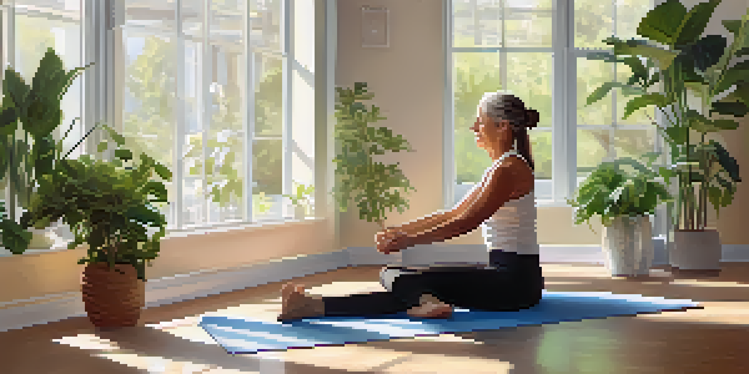A patient stretching on a yoga mat in a bright room, guided by a supportive physical therapist, surrounded by plants.