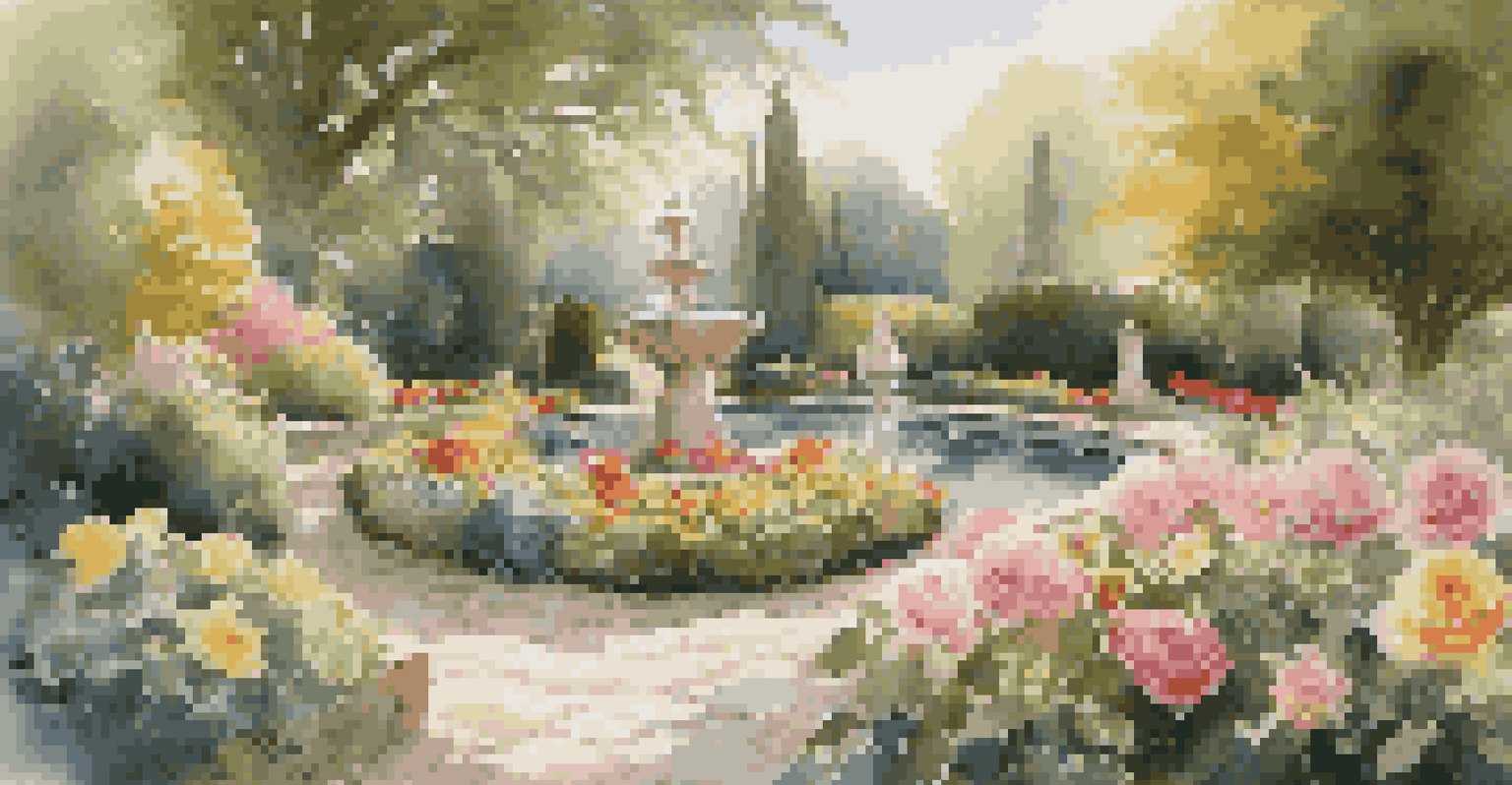 A vibrant garden filled with colorful flowers and a stone pathway leading to a fountain, sunlight filtering through the leaves.
