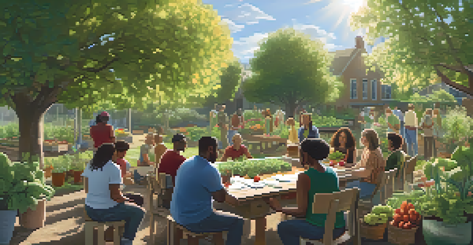 A community gardening workshop with diverse participants learning about sustainable practices, surrounded by tools and fresh produce in a sunny garden.