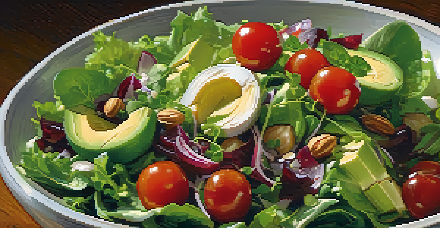 A colorful salad made with fresh seasonal ingredients, displayed on a rustic wooden table.