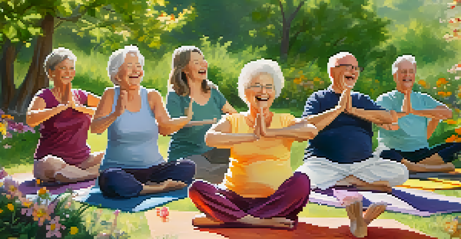 Seniors participating in a laughter yoga class in a sunny park, surrounded by nature and smiling.